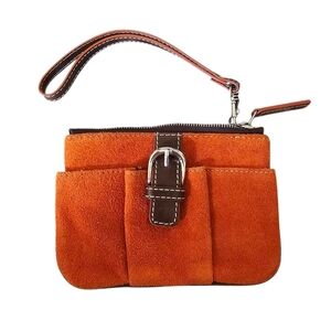 Levenger Wristlet Zip Pouch Orange Suede Leather With Front Pocket